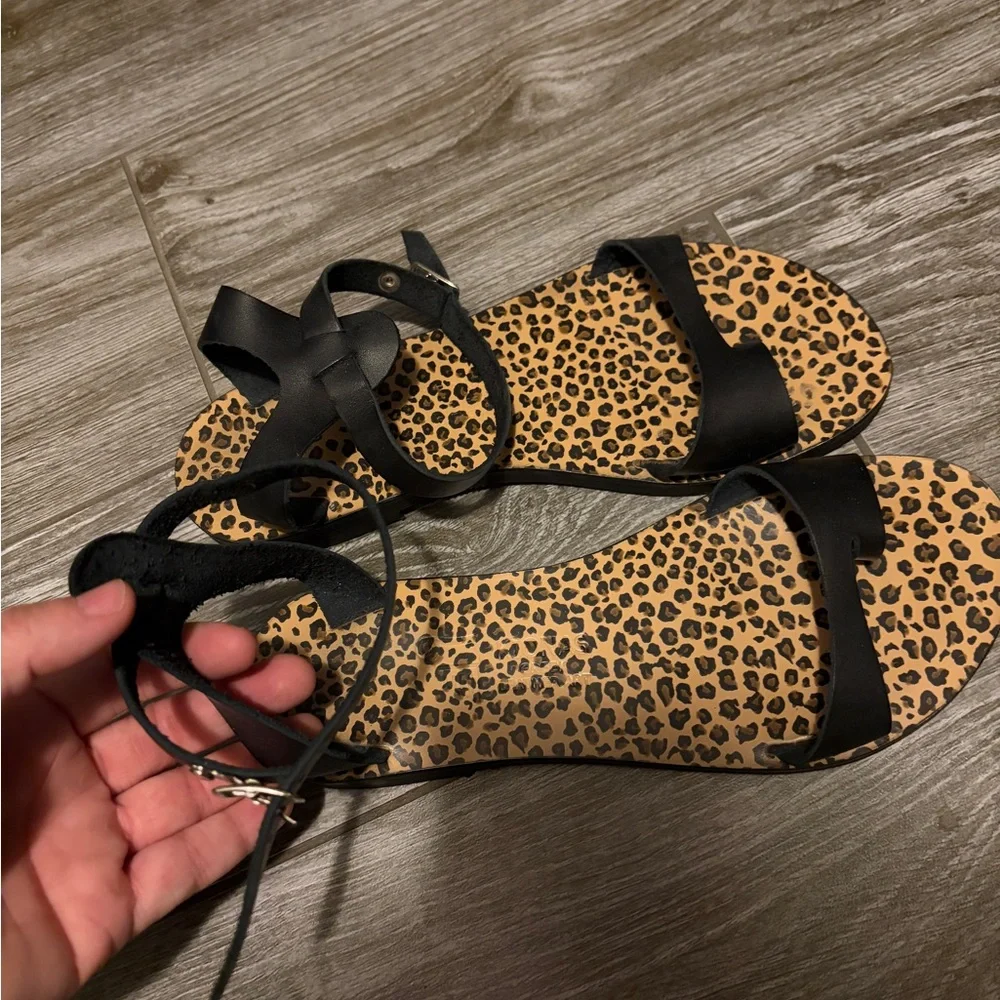 Women’s Black Strappy Sandals with Leopard-Print Insole